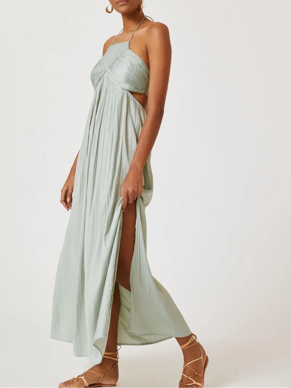 Anthropologie Women’s Halter Neck Tie Back Flowy Maxi Dress Sage Green Size M